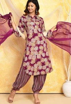 Digital Printed Cotton Punjabi Suit in Purple