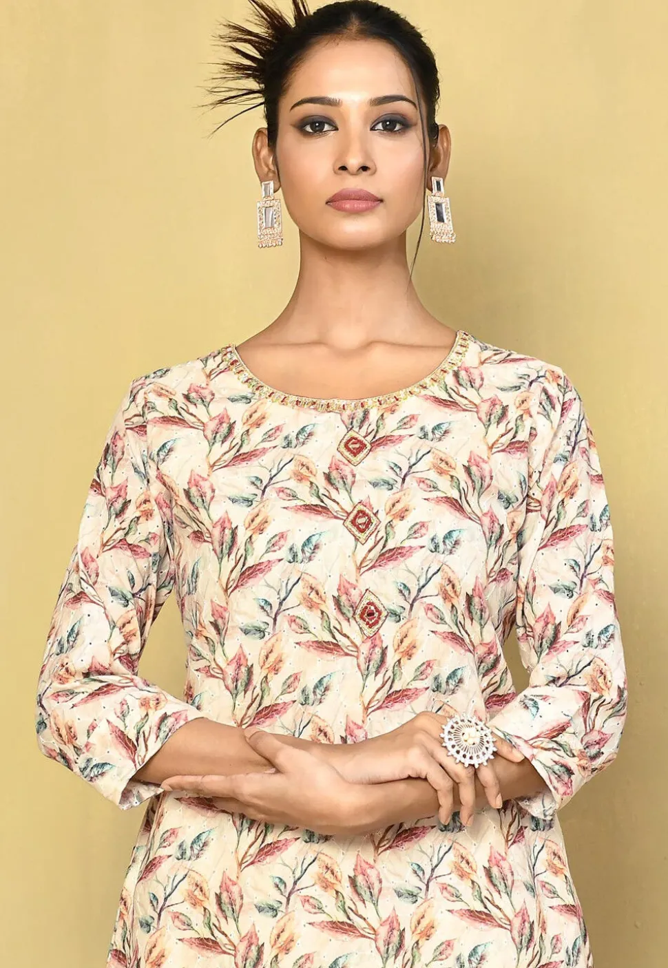 Digital Printed Cotton Punjabi Suit in Off White