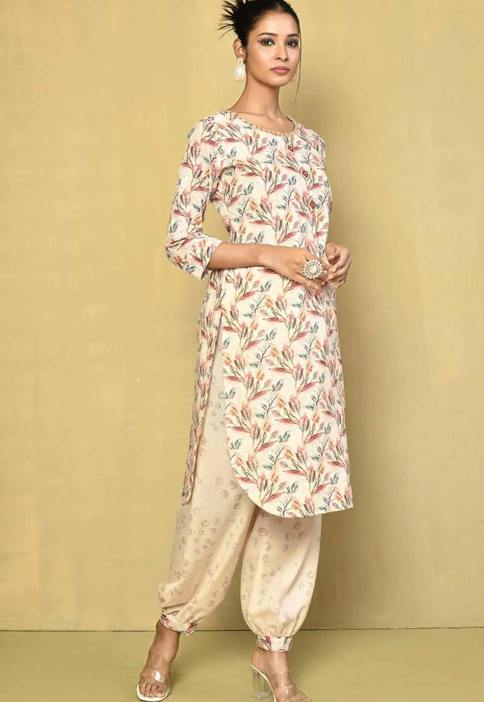 Digital Printed Cotton Punjabi Suit in Off White