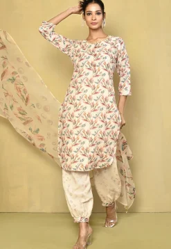 Digital Printed Cotton Punjabi Suit in Off White