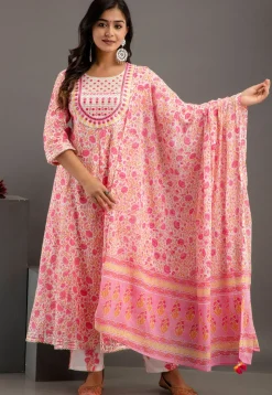 Digital Printed Cotton Rayon Anarkali Suit in Pink and White