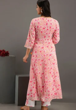 Digital Printed Cotton Rayon Anarkali Suit in Pink and White
