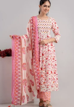 Digital Printed Cotton Rayon Anarkali Suit in Off White