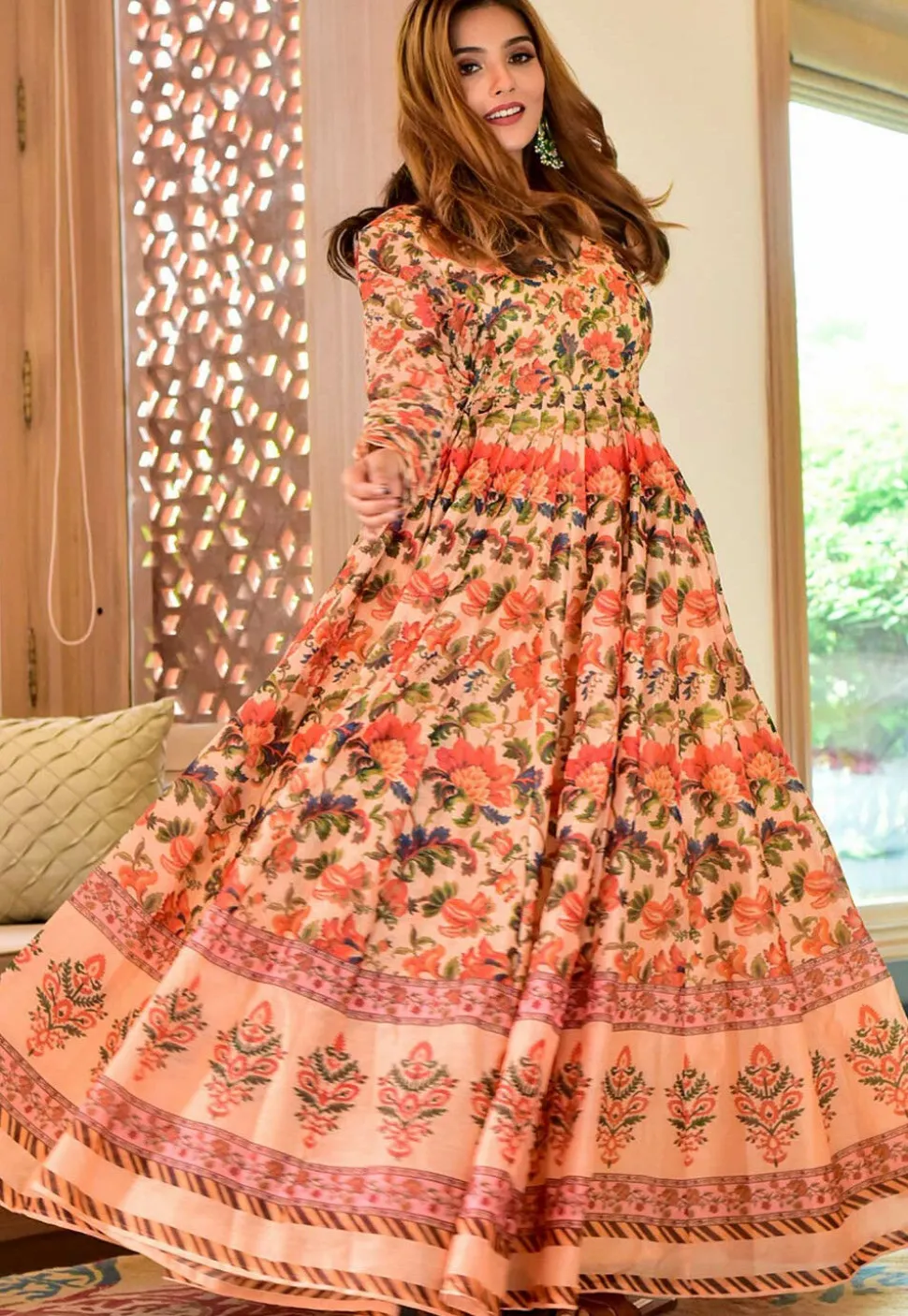 Digital Printed Cotton Rayon Gown in Peach