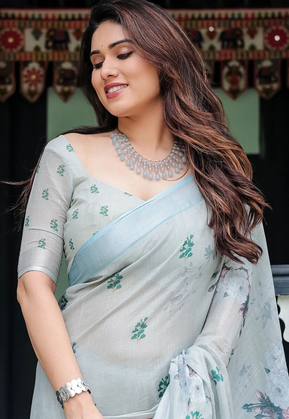 Digital Printed Cotton Saree in Light Blue