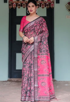 Digital Printed Cotton Saree in Black