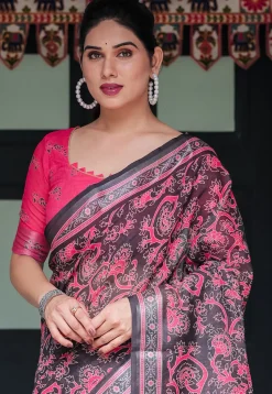 Digital Printed Cotton Saree in Black