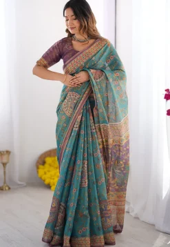 Digital Printed Cotton Saree in Blue
