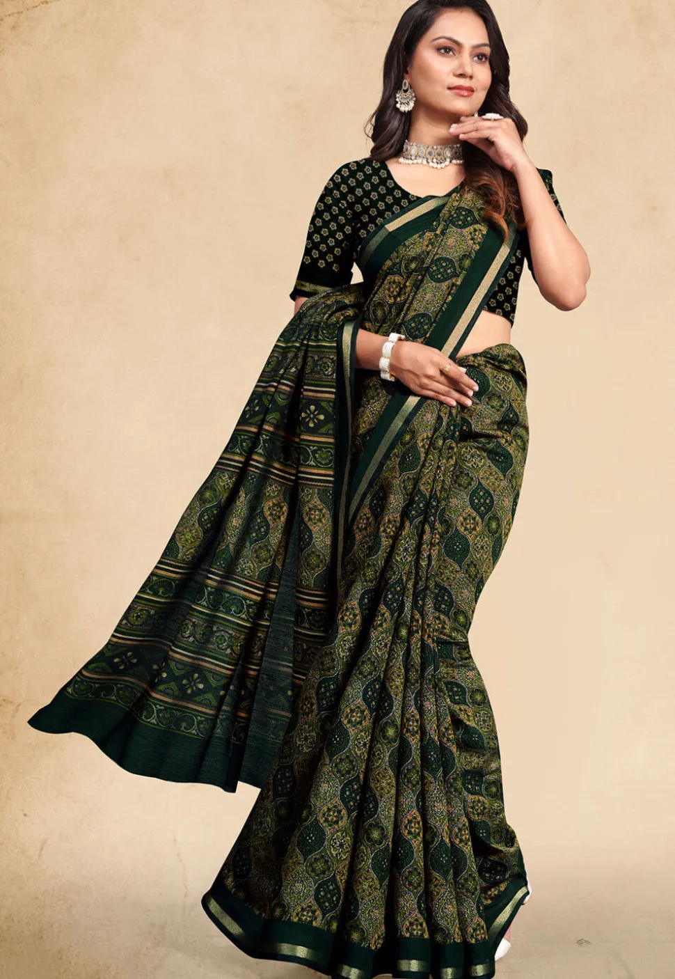 Digital Printed Cotton Saree in Dark Green