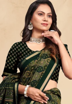 Digital Printed Cotton Saree in Dark Green