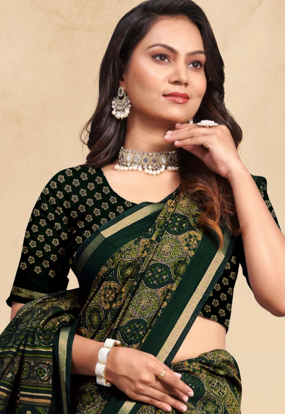 Digital Printed Cotton Saree in Dark Green