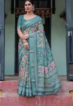 Digital Printed Cotton Saree in Teal Green