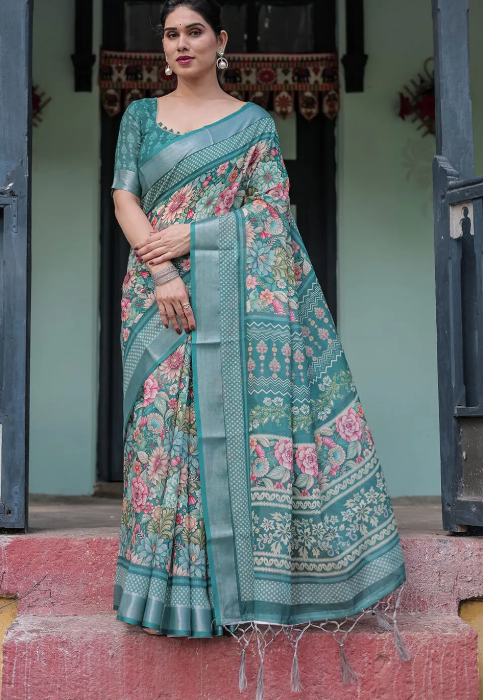 Digital Printed Cotton Saree in Teal Green