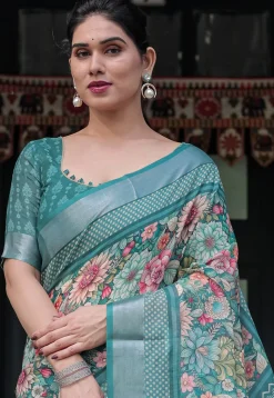 Digital Printed Cotton Saree in Teal Green
