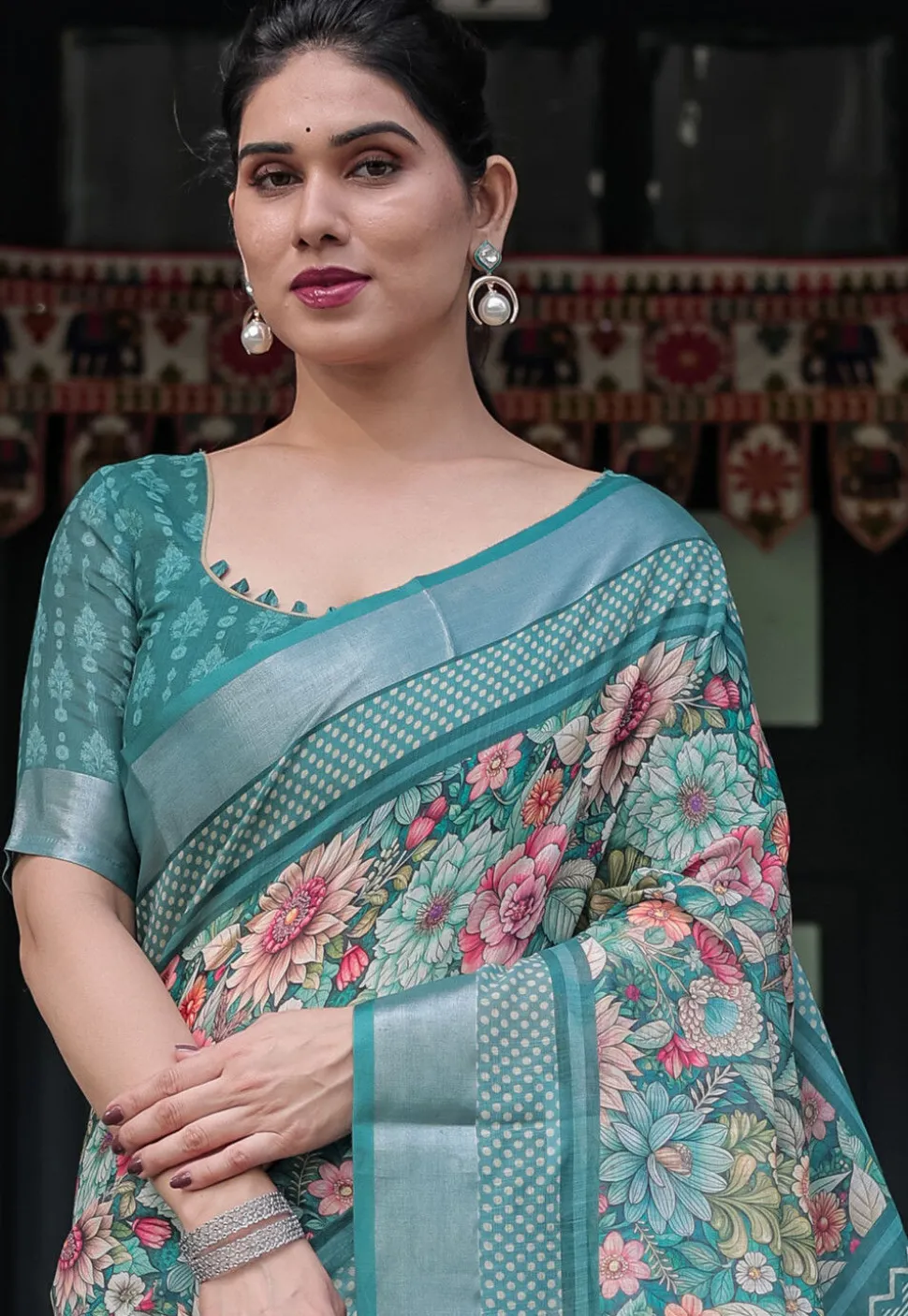Digital Printed Cotton Saree in Teal Green