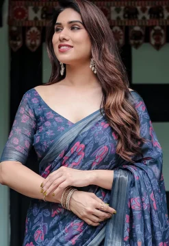 Digital Printed Cotton Saree in Navy Blue