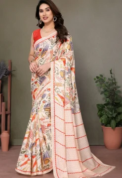 Digital Printed Cotton Saree in Cream