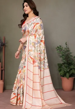 Digital Printed Cotton Saree in Cream