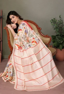 Digital Printed Cotton Saree in Cream