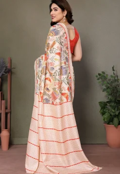 Digital Printed Cotton Saree in Cream