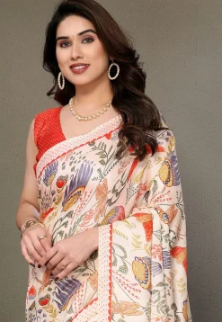 Digital Printed Cotton Saree in Cream