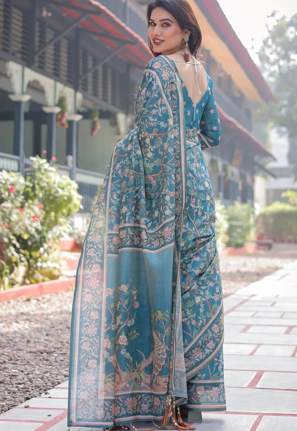 Digital Printed Cotton Saree in Teal Blue