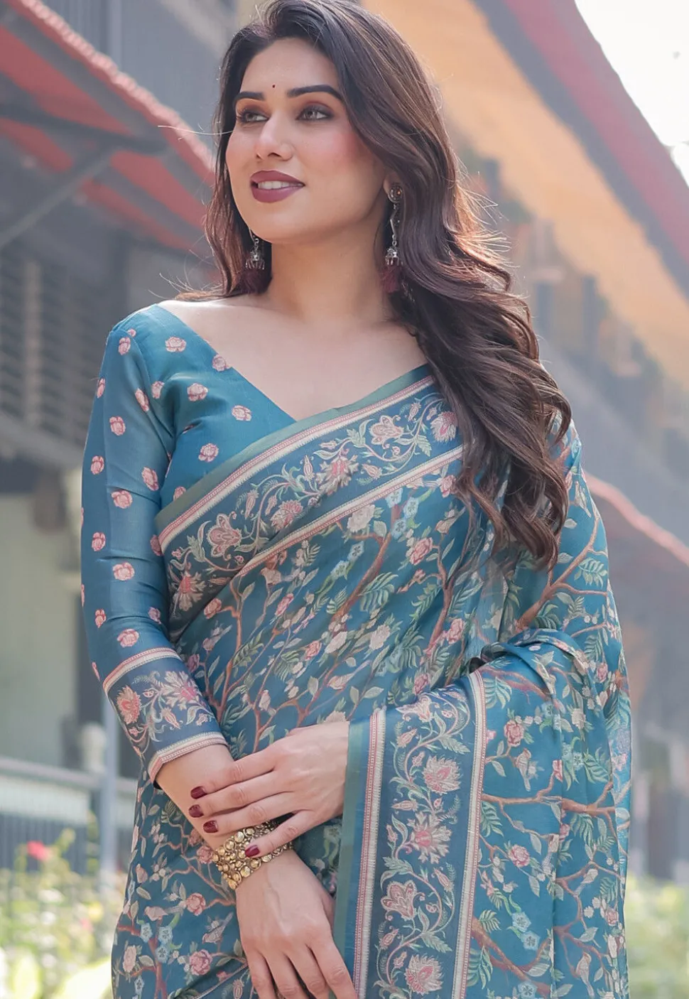Digital Printed Cotton Saree in Teal Blue
