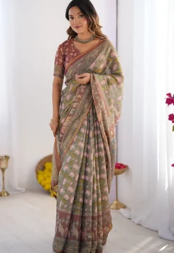 Digital Printed Cotton Saree in Dusty Green