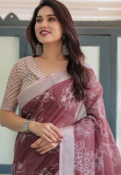 Digital Printed Cotton Saree in Maroon
