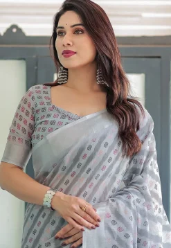 Digital Printed Cotton Saree in Grey