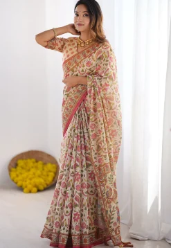 Digital Printed Cotton Saree in Cream