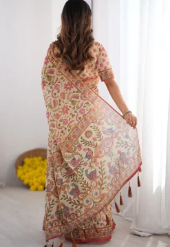 Digital Printed Cotton Saree in Cream