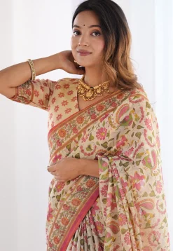 Digital Printed Cotton Saree in Cream