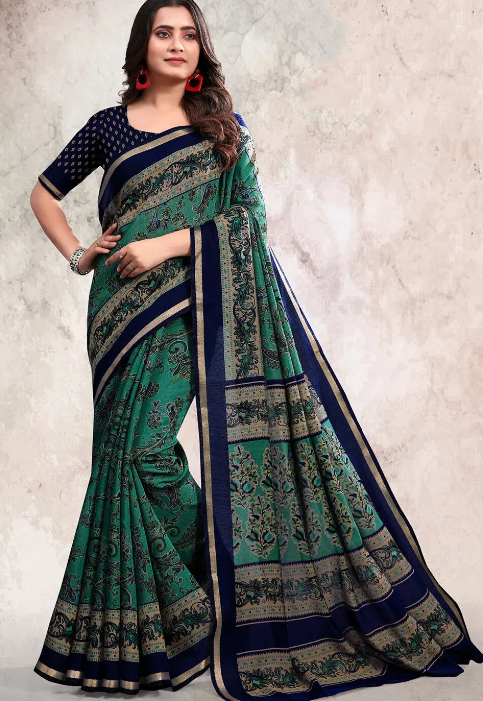 Digital Printed Cotton Saree in Teal Green