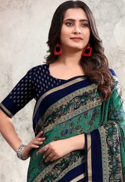 Digital Printed Cotton Saree in Teal Green