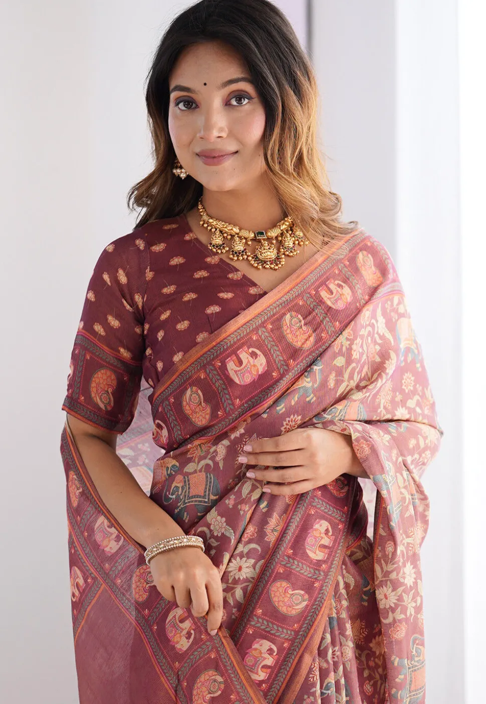 Digital Printed Cotton Saree in Maroon