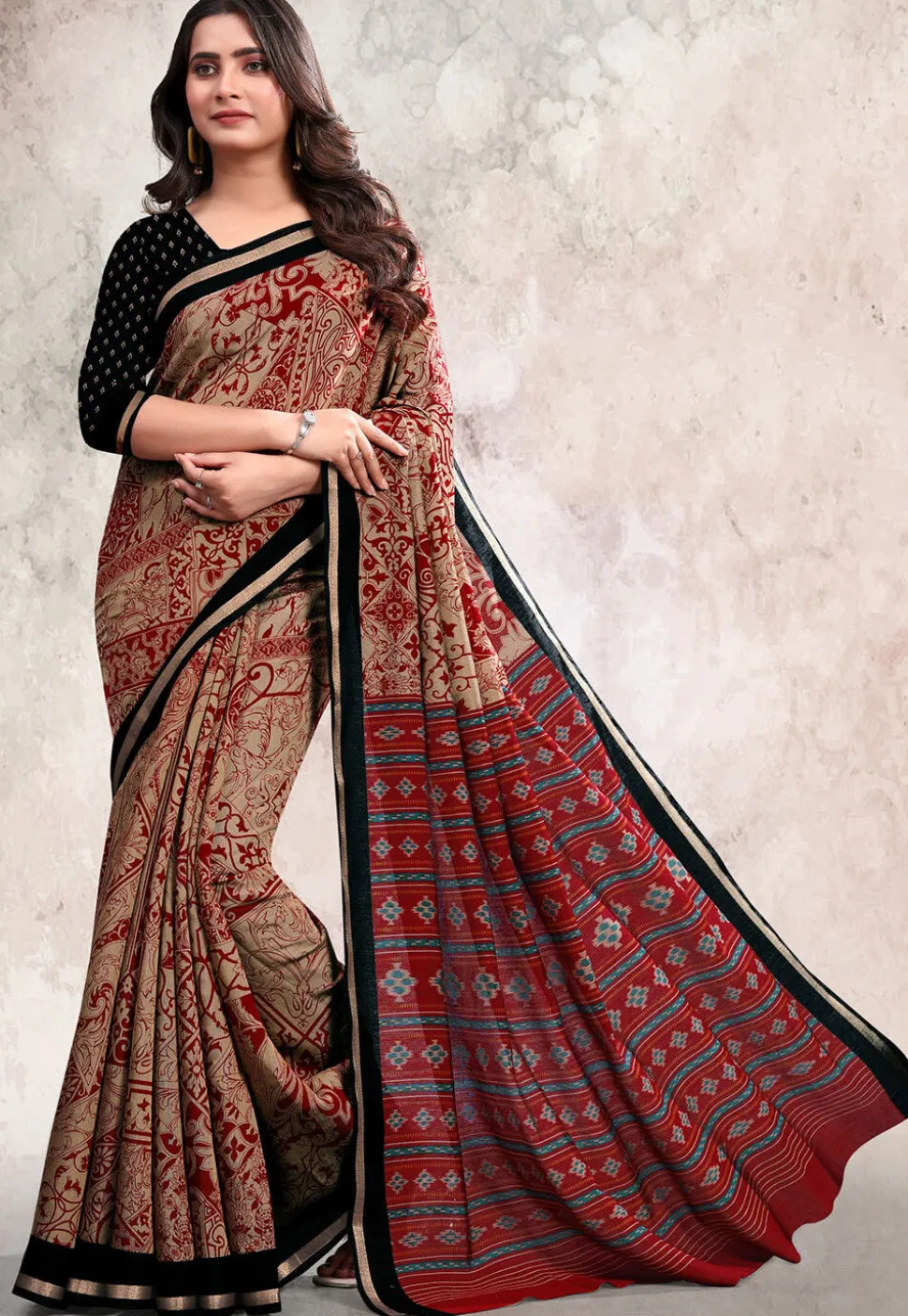 Digital Printed Cotton Saree in Beige