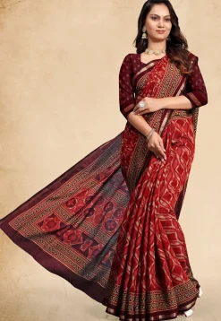 Digital Printed Cotton Saree in Red