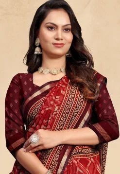 Digital Printed Cotton Saree in Red
