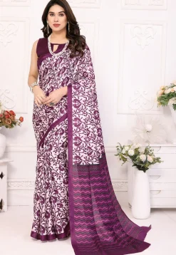 Digital Printed Cotton Saree in Off White