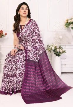 Digital Printed Cotton Saree in Off White