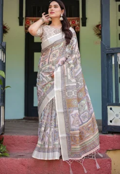 Digital Printed Cotton Saree in Off White