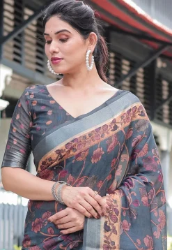 Digital Printed Cotton Saree in Grey
