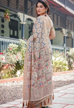 Digital Printed Cotton Saree in Beige