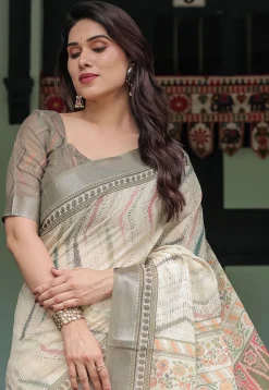 Digital Printed Cotton Saree in Cream