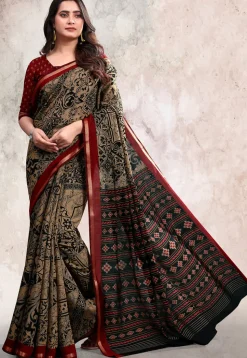 Digital Printed Cotton Saree in Beige