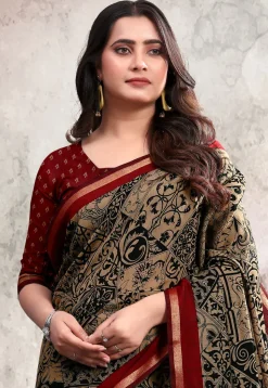 Digital Printed Cotton Saree in Beige