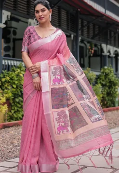 Digital Printed Cotton Saree in Pink