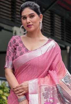Digital Printed Cotton Saree in Pink