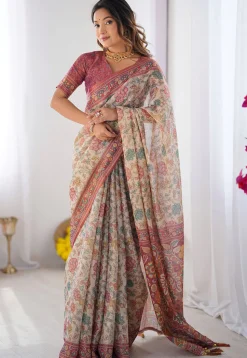 Digital Printed Cotton Saree in Cream